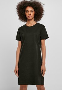 Black cotton t-shirt dress with a round neckline and short sleeves. Classic straight cut, knee-length, smooth texture, minimal design.