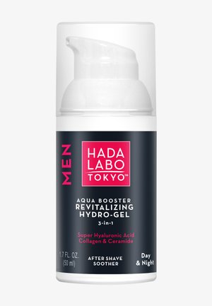 Gel hydro revitalisant Hada Labo Tokyo Aqua Booster pour homme avec acide hyaluronique, collagène et céramide, flacon pompe de 50 ml pour après-rasage.