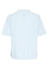 Camicetta a maniche corte, a righe blu e gialle, con scollatura arricciata e dettaglio a oblò sul retro, realizzata in tessuto leggero.