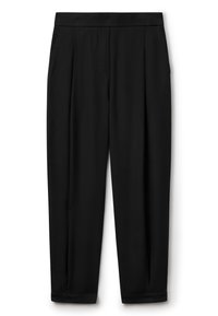 Svarta byxor med en slät textur, med raka ben, veckad front och skräddarsydd midja. Inga synliga fickor.