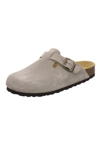 Grey suede clogs with an adjustable buckle, open back, and contoured cork footbed, featuring a textured black rubber sole.