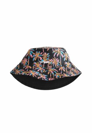 Musta tynnyrihattu, jossa värikkäitä vaaleanpunaisia, sinisiä ja oransseja palmupuukuvioita sekä valkoinen kirjailtu logo edessä.