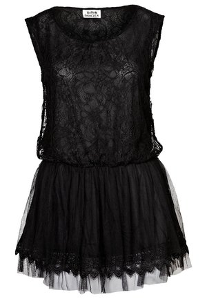 Vestito nero senza maniche in pizzo con corpetto trasparente e gonna in tulle a strati, con motivo floreale in pizzo e vita elastica.