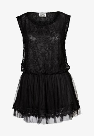 Robe noire sans manches en dentelle avec corsage transparent et jupe en tulle superposée, avec motif floral en dentelle et taille élastique.