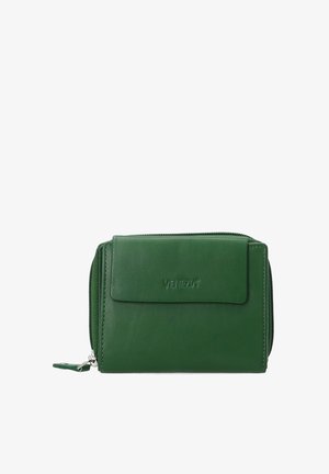 Green leather wallet with a zip closure and a front flap. Features embossed logo and a sleek rectangular design. Textured surface.