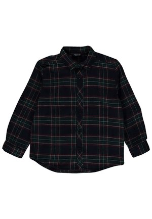Camisa de cuadros negros con detalles en verde y rojo, manga larga, cierre con botones al frente, cuello estándar y dobladillo curvado. Fabricada con tejido texturizado.