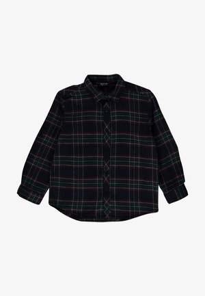 Chemise à carreaux noirs avec accents verts et rouges, manches longues, boutonnage devant, col standard et ourlet incurvé. Fabriquée en tissu texturé.