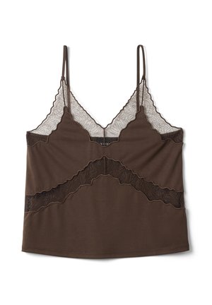 Haut camisole marron à fines bretelles, avec un galon en dentelle le long de l'encolure et des panneaux en dentelle diagonaux sur le devant.