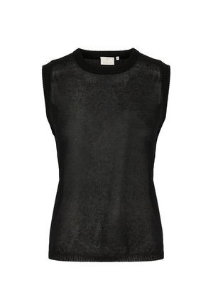 Bezrukávový čierny top vyrobený z ľahkého pleteného materiálu, s rebrovaným výstrihom a lemom. Hladká textúra s miernym leskom. Jednoduchý dizajn.