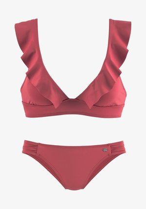 Red bikini set featuring ruffled edges on the top, a deep V-neckline, and gathered detailing on the bottom with a small metallic accent.