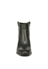 Schwarze Leder-Ankle-Boots mit glatter Oberfläche, abgerundeter Zehenpartie und einem Reißverschluss hinten. Verfügt über einen niedrigen, gestapelten Absatz und ein minimalistisches Design.