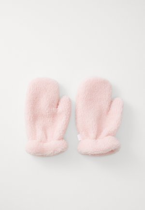Weiche, rosa Fleece-Handschuhe mit separatem Daumen und elastischen Handgelenkbündchen, flach auf einer weißen Fläche ausgelegt.