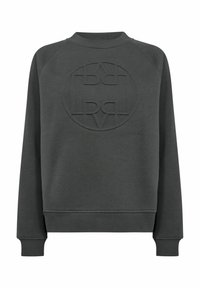 Sweatshirt gris foncé avec un logo rond en relief à l'avant, des poignets et un ourlet côtelés, doté d'un col ras du cou classique et d'une texture douce.
