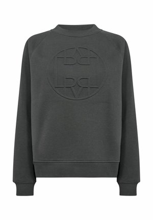 Dunkelgrauer Sweatshirt mit einem runden, geprägten Logo auf der Vorderseite, gerippten Bündchen und Saum, klassischem Rundhalsausschnitt und weichem Material.