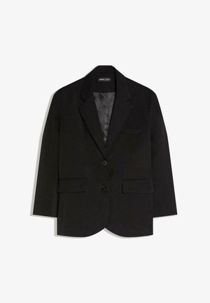 Musta räätälöity bleiseri, jossa on kaksi etutaskua läpällä, kaksi nappia, lovikaulus ja sileä satiinivuori.