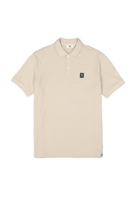 Beige poloshirt in een textuurstof, met een kraag, een twee-knopen placket en een klein marineblauw logo op de linkerborst.