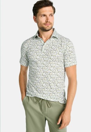 Kurzärmeliges Poloshirt in Hellgrün mit einem Blattmuster in Blau und Gelb. Mit Kragen, aus Baumwollmischgewebe, in legerer Passform.