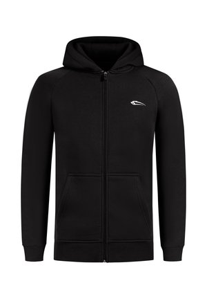 Zwarte zip-up hoodie van zachte stof, met een voorrits, kangoeroezakken en een klein wit logo op de borst.