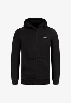 Zwarte zip-up hoodie van zachte stof, met een voorrits, kangoeroezakken en een klein wit logo op de borst.
