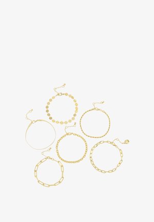 Set of six gold-tone bracelets featuring varying designs: smooth, textured, circular, and chain links, with adjustable closures and accents.