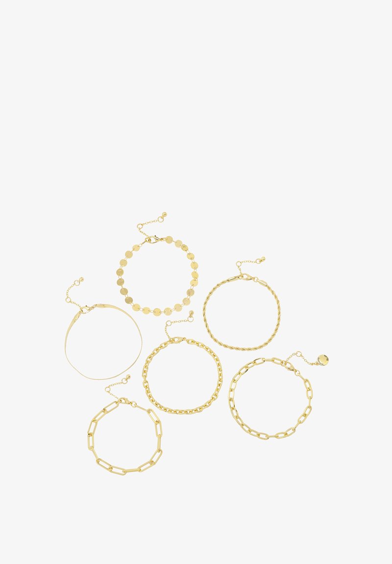 Set of six gold-tone bracelets featuring varying designs: smooth, textured, circular, and chain links, with adjustable closures and accents.