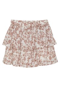 Jupe à volants florale en tissu blanc avec des motifs de fleurs roses, dotée d'une taille élastique et de couches froncées pour une texture supplémentaire.