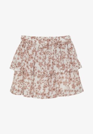 Blumiges, gestuftes Kleid aus weißem Stoff mit rosa Blumenmustern, ausgestattet mit einem elastischen Bund und Rüschenlagen für zusätzliche Textur.