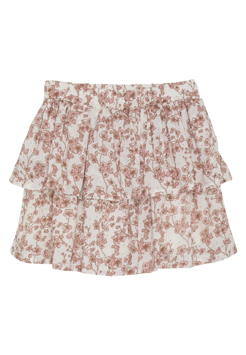 Jupe à volants florale en tissu blanc avec des motifs de fleurs roses, dotée d'une taille élastique et de couches froncées pour une texture supplémentaire.