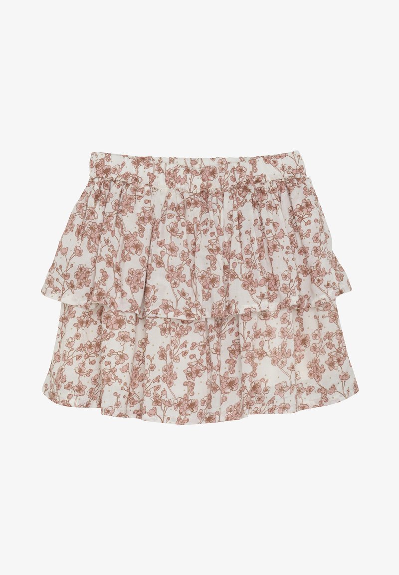 Jupe à volants florale en tissu blanc avec des motifs de fleurs roses, dotée d'une taille élastique et de couches froncées pour une texture supplémentaire.