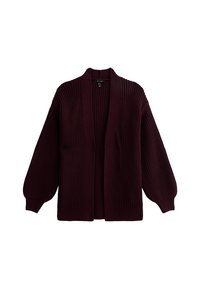Burgundy knitted cardigan featuring a V-neck, open front, and balloon sleeves. Textured fabric with ribbed accents along cuffs and hem.