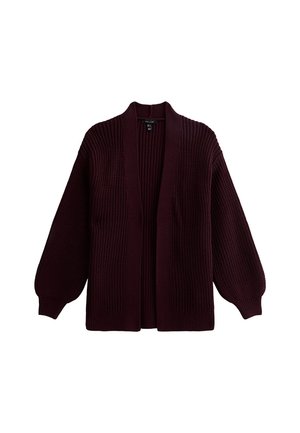 Burgundy knitted cardigan featuring a V-neck, open front, and balloon sleeves. Textured fabric with ribbed accents along cuffs and hem.