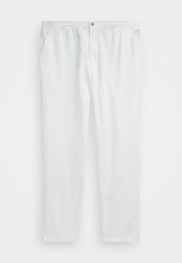 Bílé unisex kalhoty s elastickým pasem, bočními kapsami a jemnou texturou. Rovný střih bez dalších ozdob.