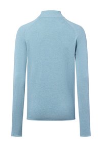 Helles blaues Langarmpullover mit hohem Kragen, gestrickter Textur und nahtlosen Raglan-Schultern. Schlichte und saubere Rückendesign.