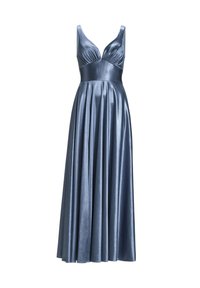Abito da sera lungo senza maniche in un morbido tessuto di satin blu. Presenta un corpetto aderente, una gonna plissettata e una cintura larga e liscia.