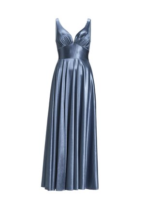 Abito da sera lungo senza maniche in un morbido tessuto di satin blu. Presenta un corpetto aderente, una gonna plissettata e una cintura larga e liscia.