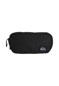 Astuccio rettangolare nero realizzato in tessuto resistente. Presenta una chiusura con zip e una patch con logo anteriore. Texture liscia con cuciture rinforzate.