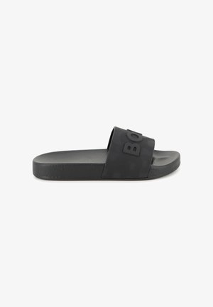 Black slide sandal with textured footbed and wide strap featuring raised letters and subtle pattern.