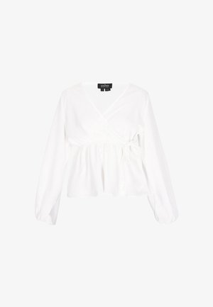 Blouse blanche à manches longues, taille froncée et détail de nœud. Fabriquée dans un tissu doux, avec un décolleté en V.