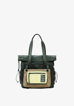 Vihreä ja beige nailoninen olkalaukku, jossa on kaksinkertaiset olkahihnat, etupuolella vetoketjutasku, jossa teksti "Desigual", ja verkkosivutaskut kiristysnarulla.