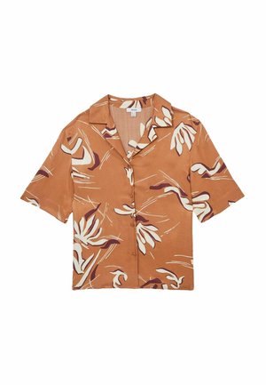 Camisa de manga corta en color óxido, con patrones florales en crema y púrpura oscuro. Fabricada en una tela ligera con un corte holgado y cierre de botones.