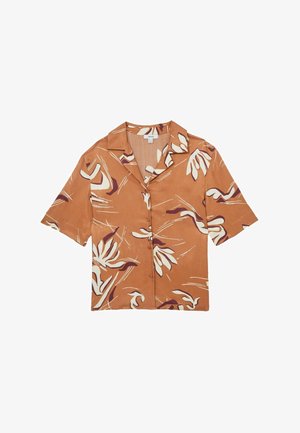 Kurzärmliges Hemd in Rostfarbe mit floralen Mustern in Creme und Dunkellila. Hergestellt aus leichtem Stoff mit lockerer Passform und Knopfschluss.
