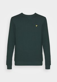 Sudadera de color verde oscuro hecha de un material suave, con cuello redondo, mangas largas y un pequeño logo amarillo en el pecho.