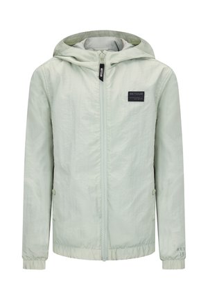 Jasnoszara kurtka z kapturem, zapinana na zamek z przodu, z elastycznymi mankietami, bocznymi kieszeniami na zatrzaski oraz czarną naszywką marki "Retour" na piersi.