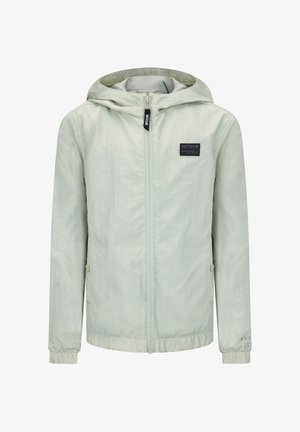 Giacca con cappuccio grigio chiaro con cerniera frontale, polsini elastici, tasche laterali con bottoni a pressione e toppa nera con il marchio "Retour" sul petto.