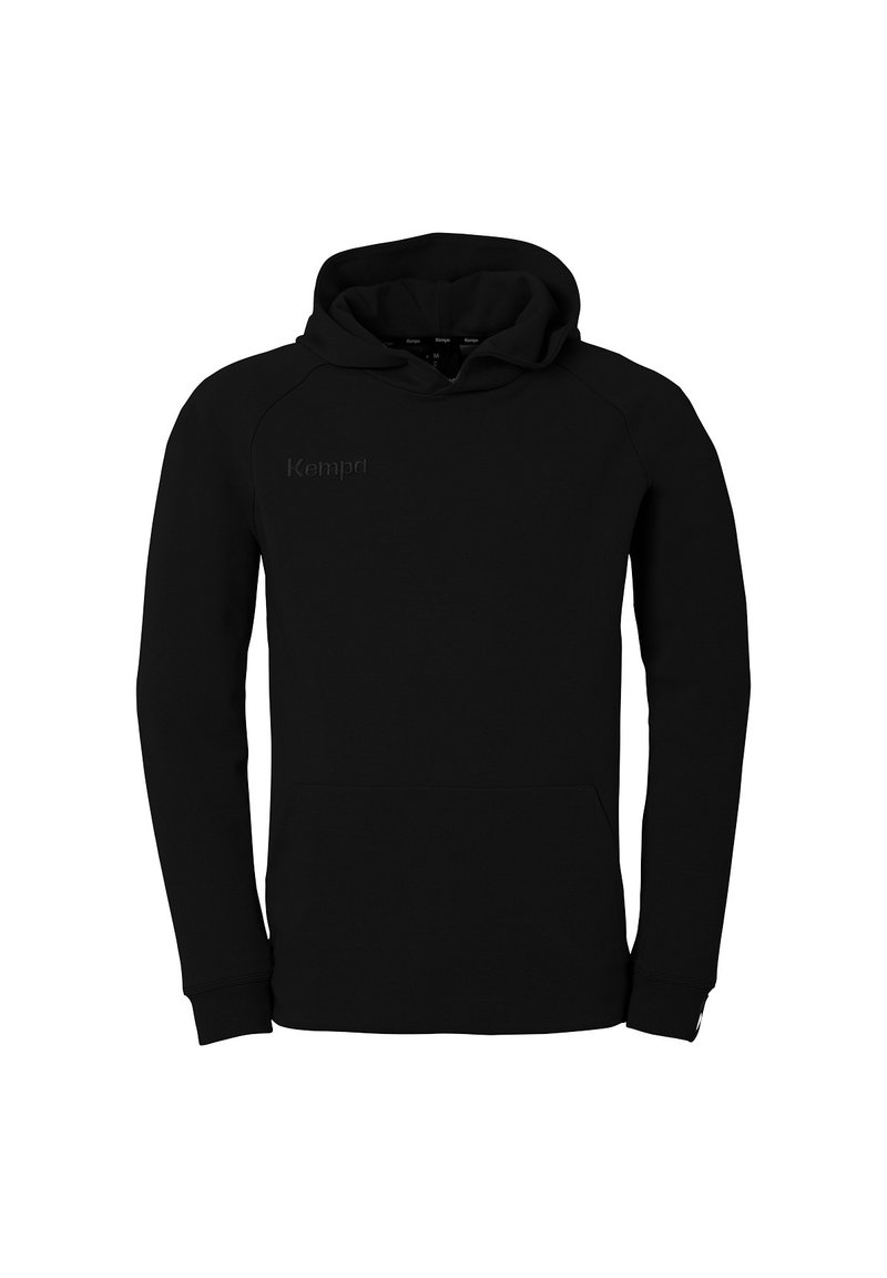 Hoodie noir en tissu doux, avec une poche kangourou, une capuche à cordon et un logo en relief discret sur la poitrine.