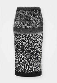 Leopardenmuster-Rock in Schwarz und Weiß, mit einer taillierten Silhouette, strukturiertem Stoff und einem kontrastierenden Bund mit schimmerndem Finish.