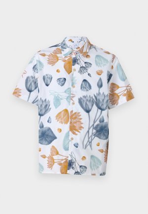 Camicia a maniche corte con bottoni in cotone bianco con motivo floreale colorato in blu, arancione e verde. Presenta un colletto e bottoni in plastica.