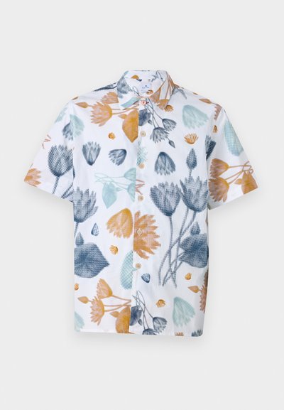 Kortermet skjorte med knapper i hvit bomull med fargerikt blomsterdesign i blått, oransje og grønt. Har krage og plastknapper.