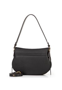 Borsa a tracolla in pelle nera dalla forma rotonda, finitura testurizzata, tracolla regolabile e chiusura in tonalità dorata. Presenta una chiusura a patta.