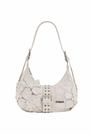 Bolso blanco de hombro con apliques florales, una correa central con hebilla y el logo plateado de Desigual en el frente.